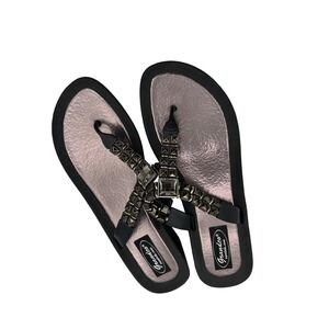 Grandco Sandals Shoes Womens Size 9 Black Silver Beaded Wedge‎ Flip Flop Dressy